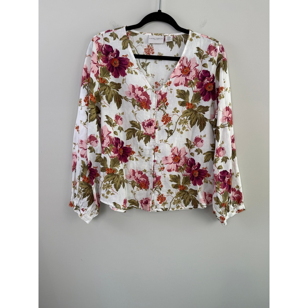 Laura Ashley Floral Linen Blend Button Front V‑Neck Cottagecore Blouse Medium